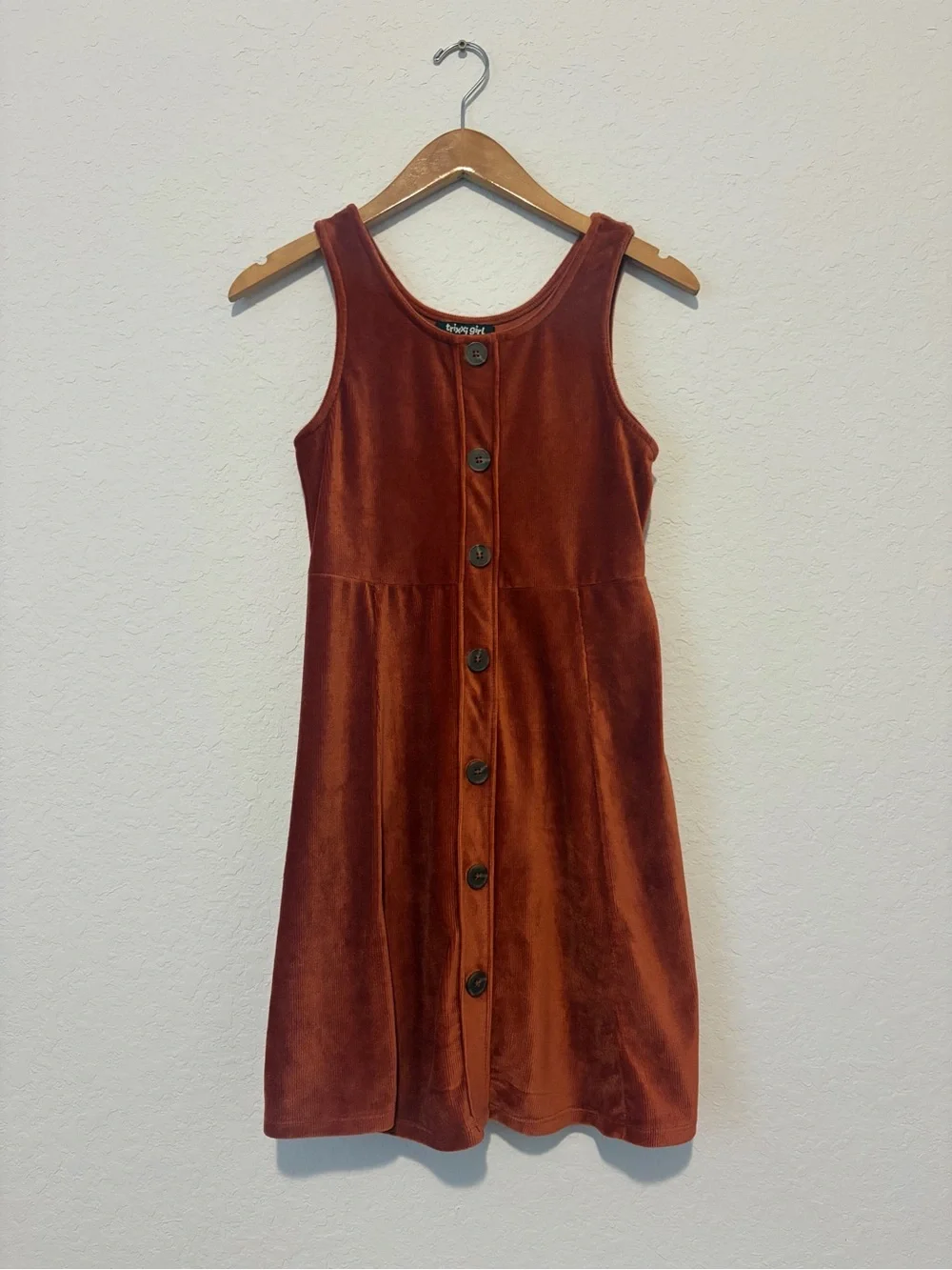 Trixxi Girls' Rust Velvet Button-Front Tank Dress